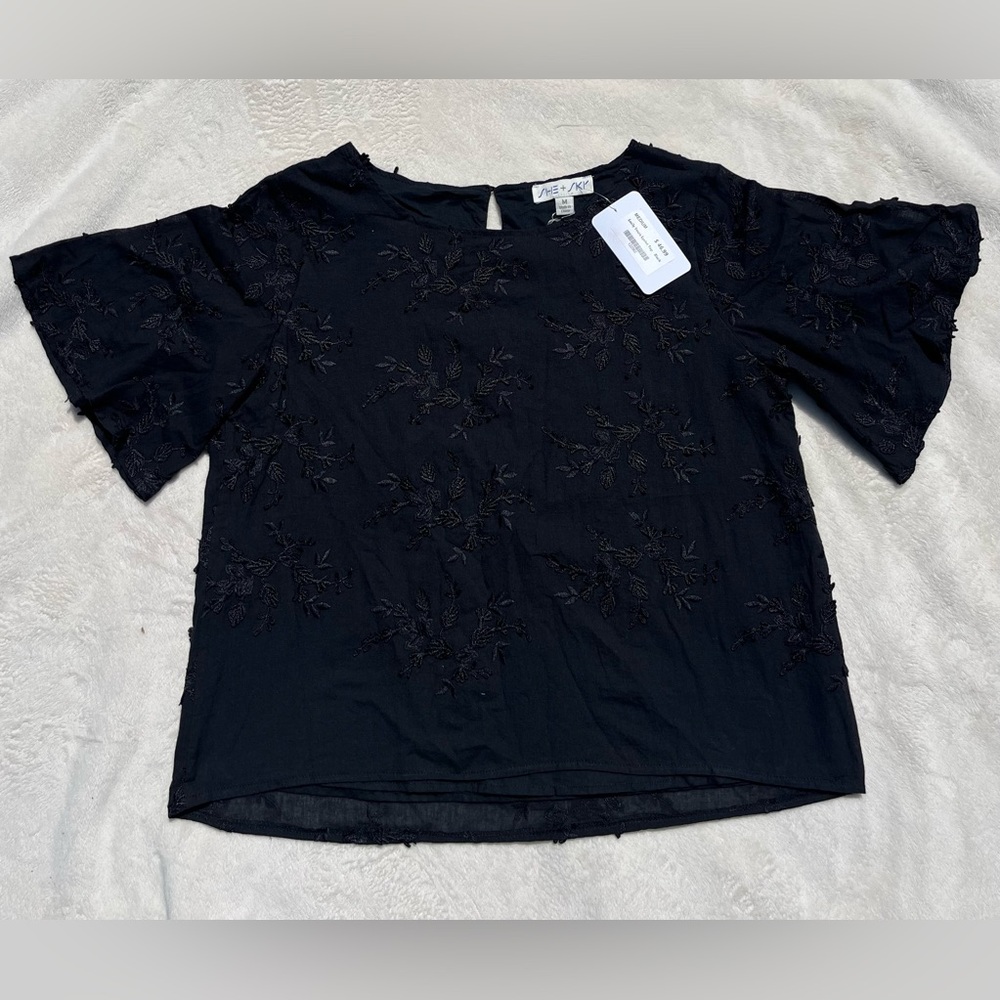 She + Sky Black Floral Embroidered Blouse
